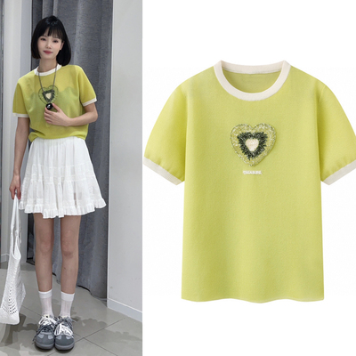 2025夏新款少女感清爽绿色圆领爱心刺绣短袖撞色短袖针织T恤