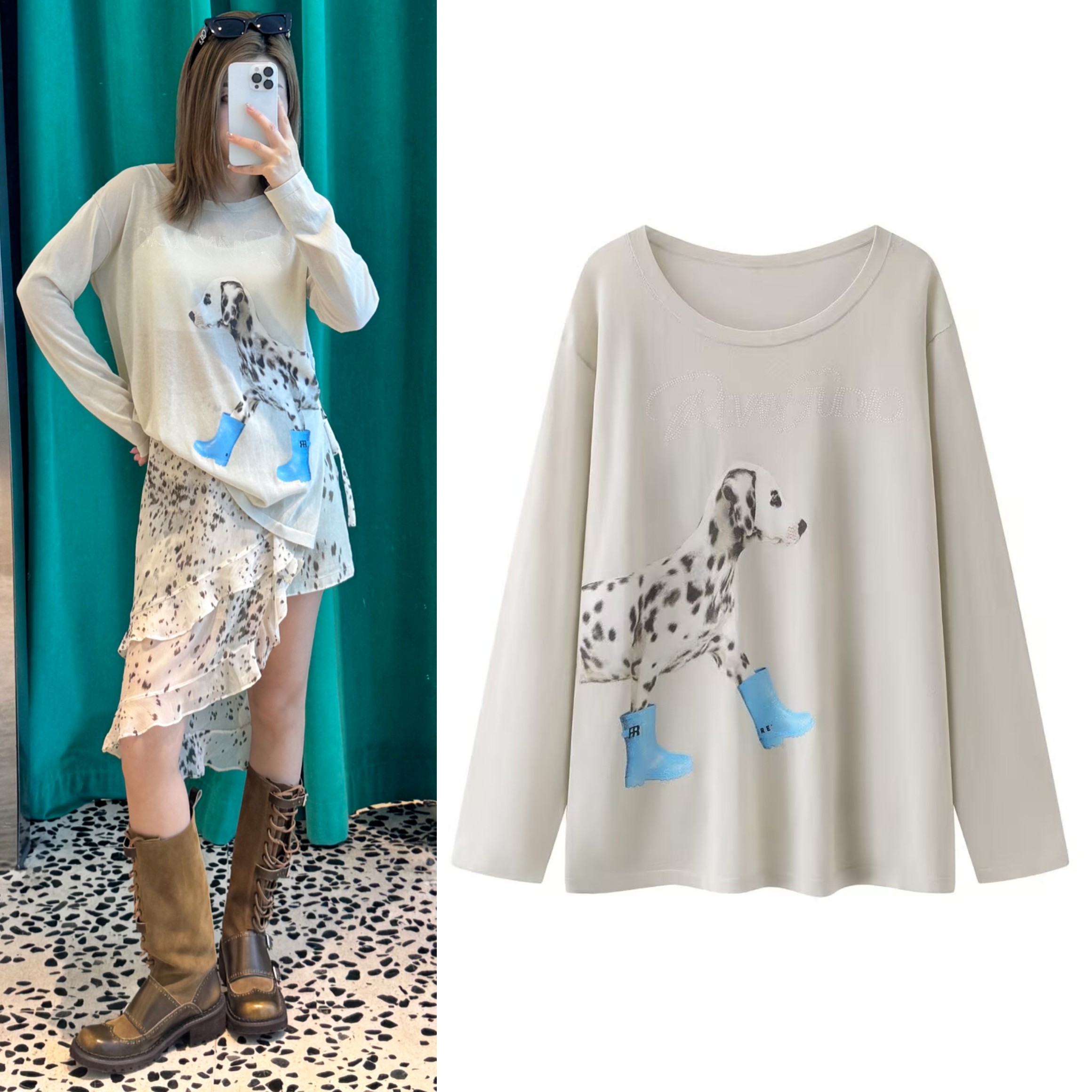 薄款长袖针织T恤2026春季新款趣味斑点狗印花杏色宽松上衣
