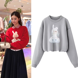 长袖卫衣2026春季新款俏皮可爱兔子印花收腰短款云朵圆领上衣女