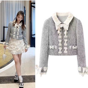 2025冬季新款复古摩登千金风毛呢重工蝴蝶结撞色翻领短外套上衣女
