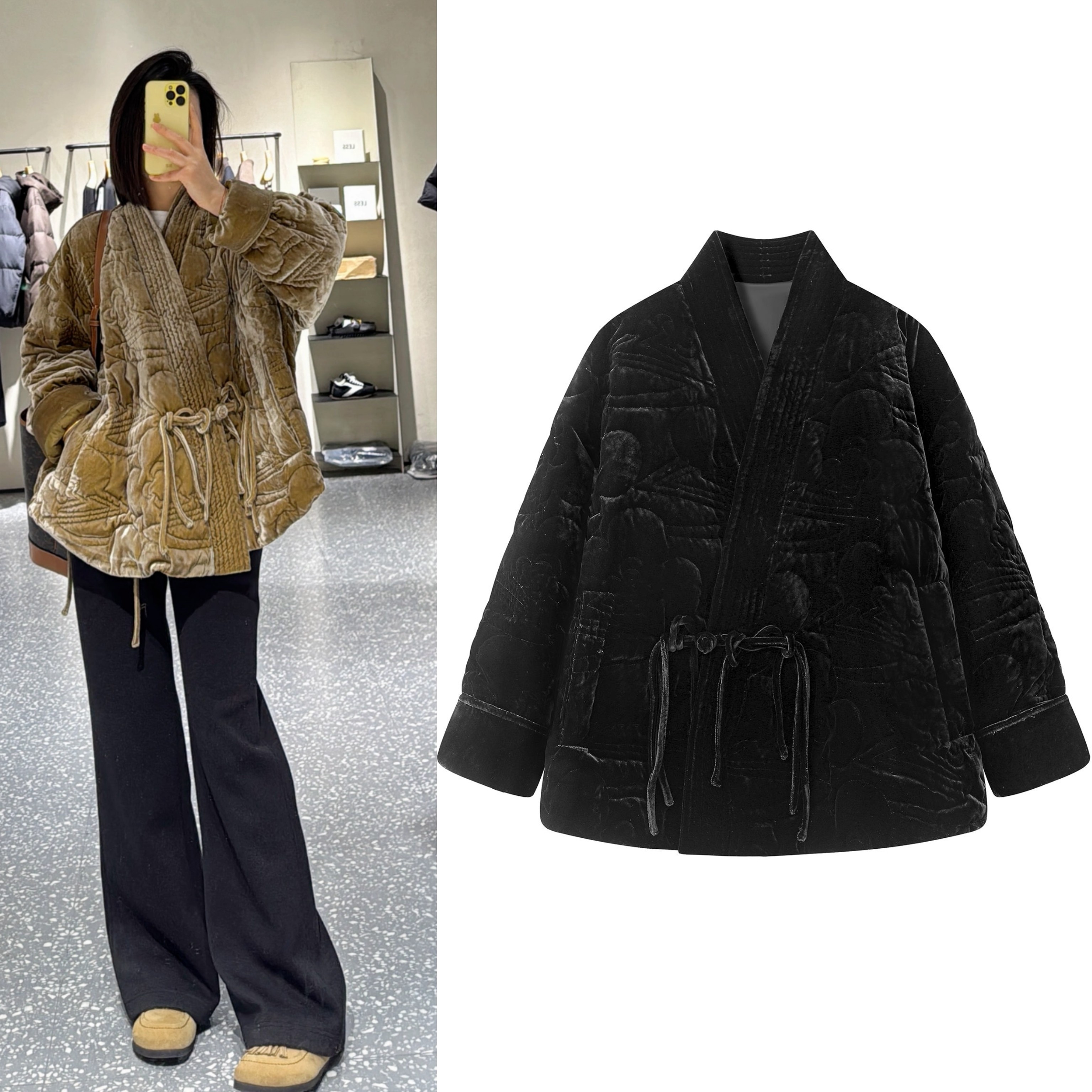 2025冬新丝绒羽绒服女复古新中式刺绣V领流苏盘扣A字廓形保暖外套