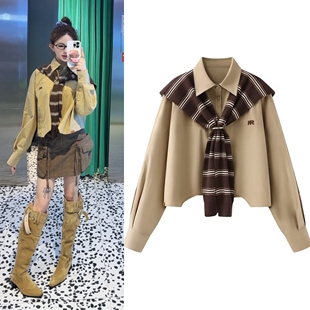 2026春装新款复古学院风衬衣条纹针织披肩不规则宽松短款衬衫女