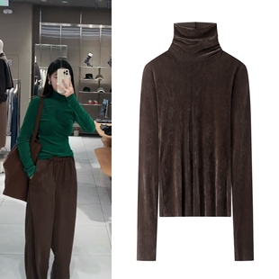 2025秋冬新款四色复古高级感丝绒高领纯色长袖打底衫内搭上衣女