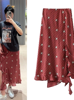 2025秋季新款复古高腰荷叶边波点印花红色半身裙包臀鱼尾裙长裙女
