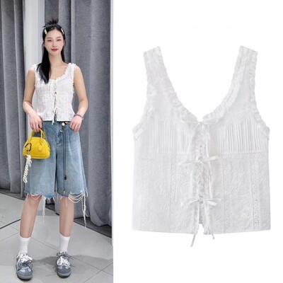 刘浩存同款2025夏新款甜美度假风拼接花边无袖衬衫小上衣吊带背心