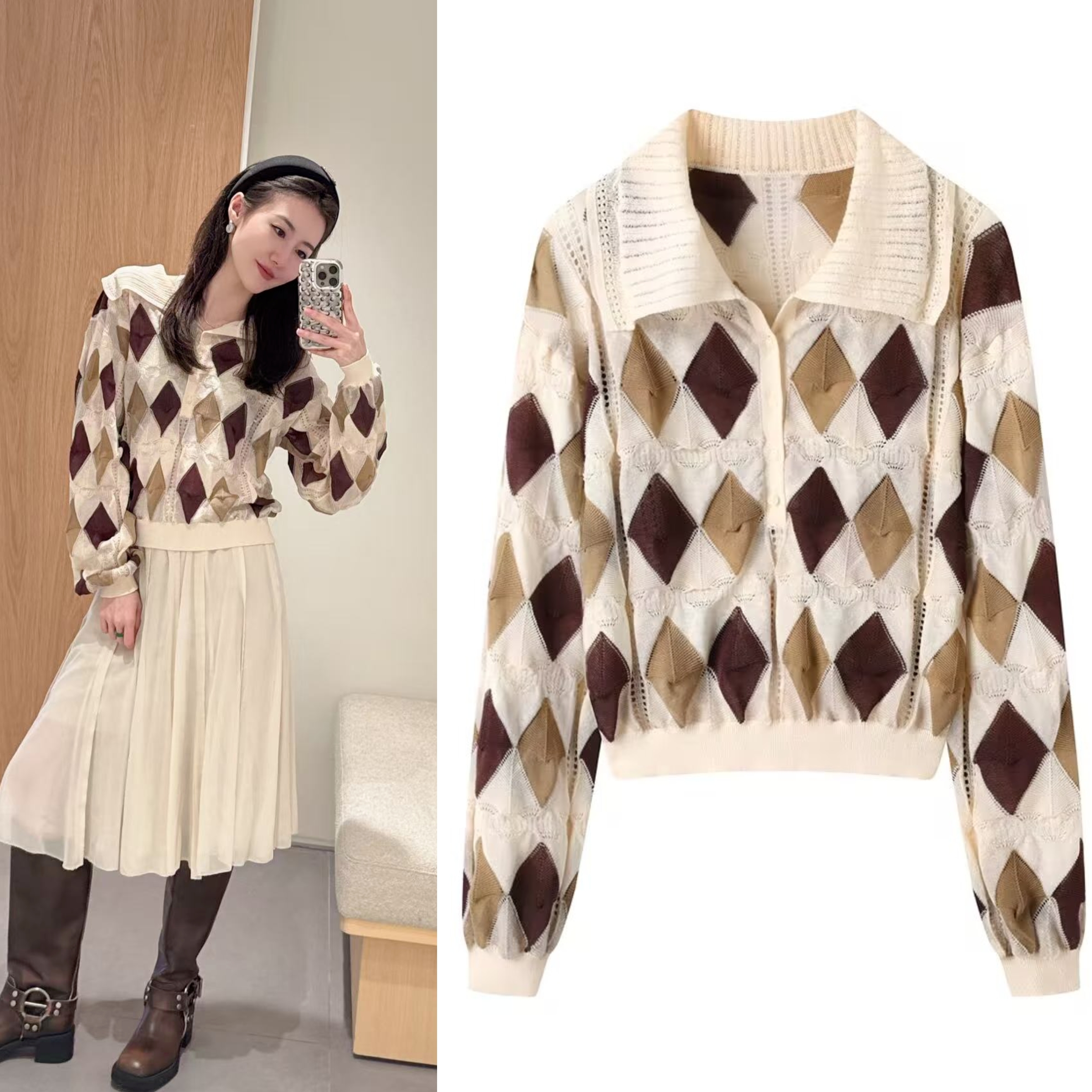毛衣2025秋新款棉混嵌花复古气质菱形格大翻领长袖宽松针织衫女