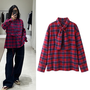 复古飘带领结格纹衬衫 新款 休闲宽松衬衣 2026春季 高圆圆同款