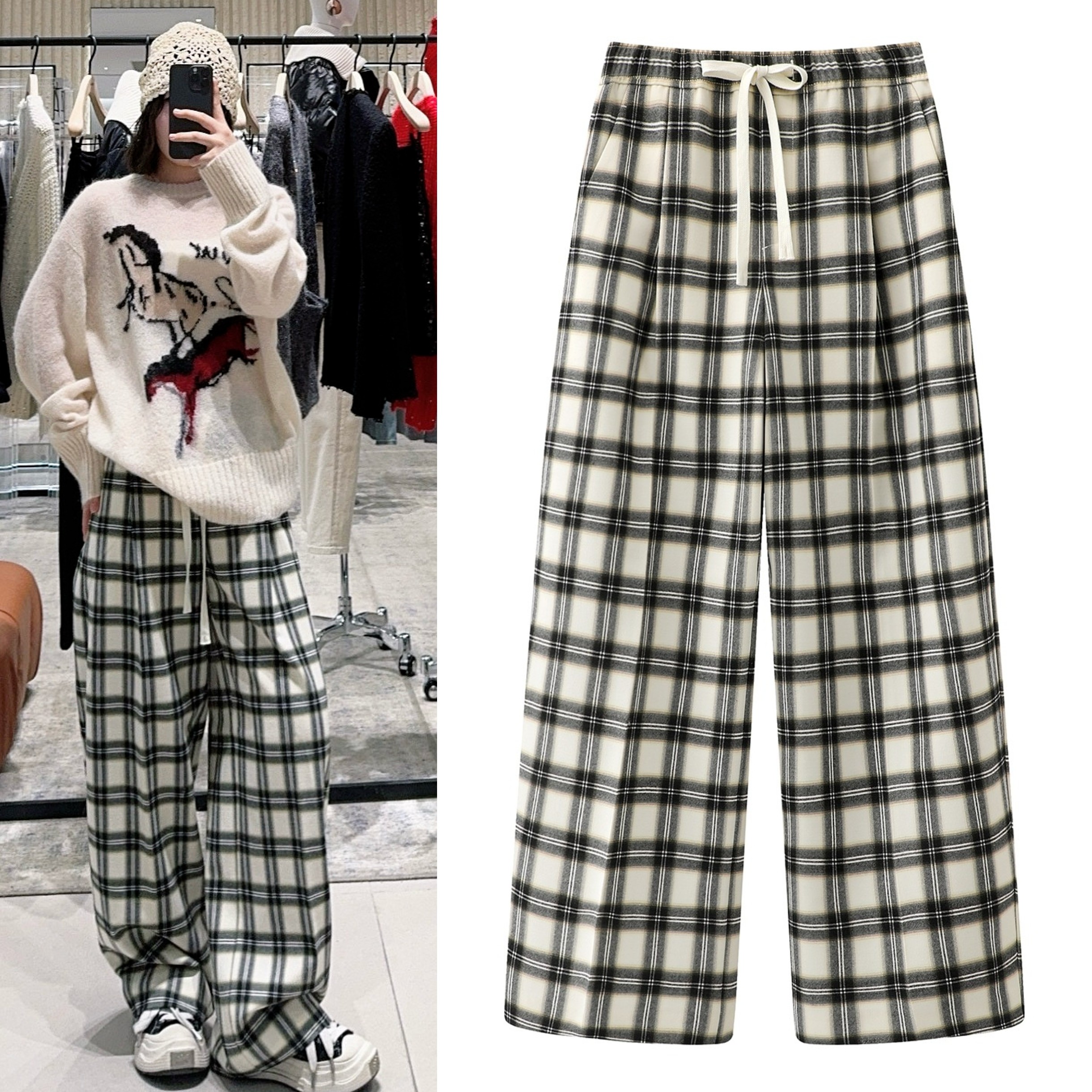 直筒休闲裤2026春新品威尔士格纹抽绳高腰阔腿裤运动裤,女装/女士精品,休闲裤,淘宝优惠券,粉丝福利购,淘宝优惠卷