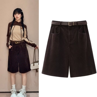 五分休闲裤 2025秋冬季 灯芯绒阔腿短裤 复古美拉德腰带中裤 女 新品