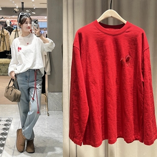 秦岚同款长袖T恤2026春新品新年马年系列小马串珠刺绣宽松圆领