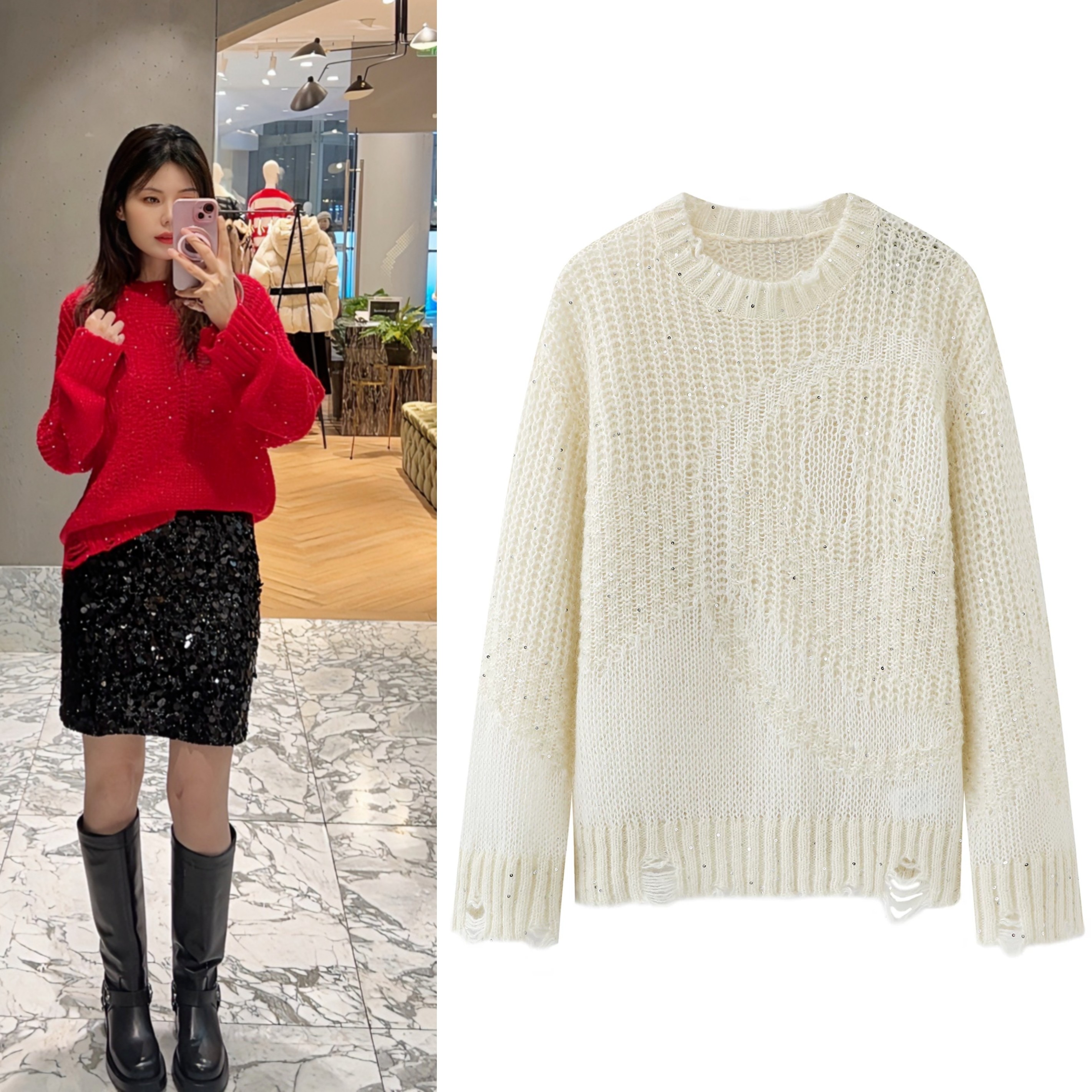 2026春季新款新年红珠片破洞镂空笑脸毛衣女宽松慵懒风套头针织衫