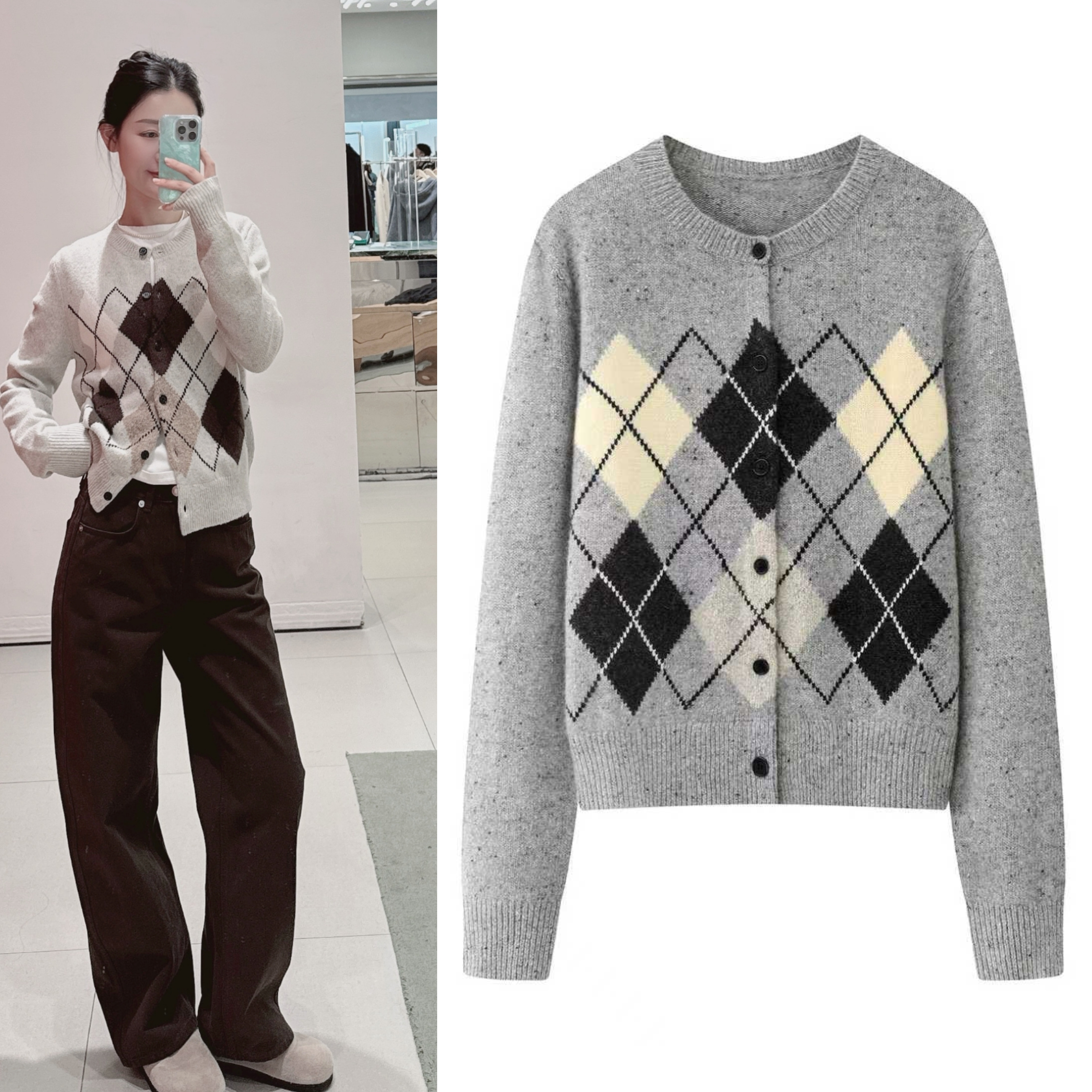 针织开衫2025冬季新款复古菱形格纹提花针织衫女宽松长袖毛衣上衣