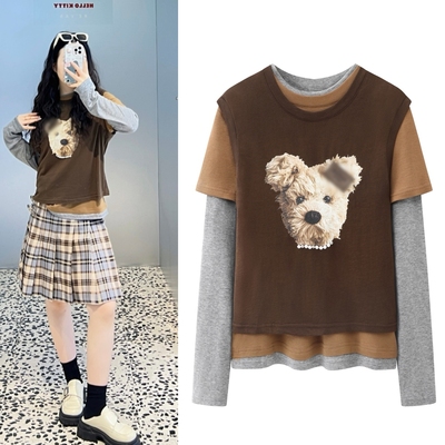 2025冬季新款叠穿感两件套拼接撞色狗狗印花长袖T恤女宽松上衣女