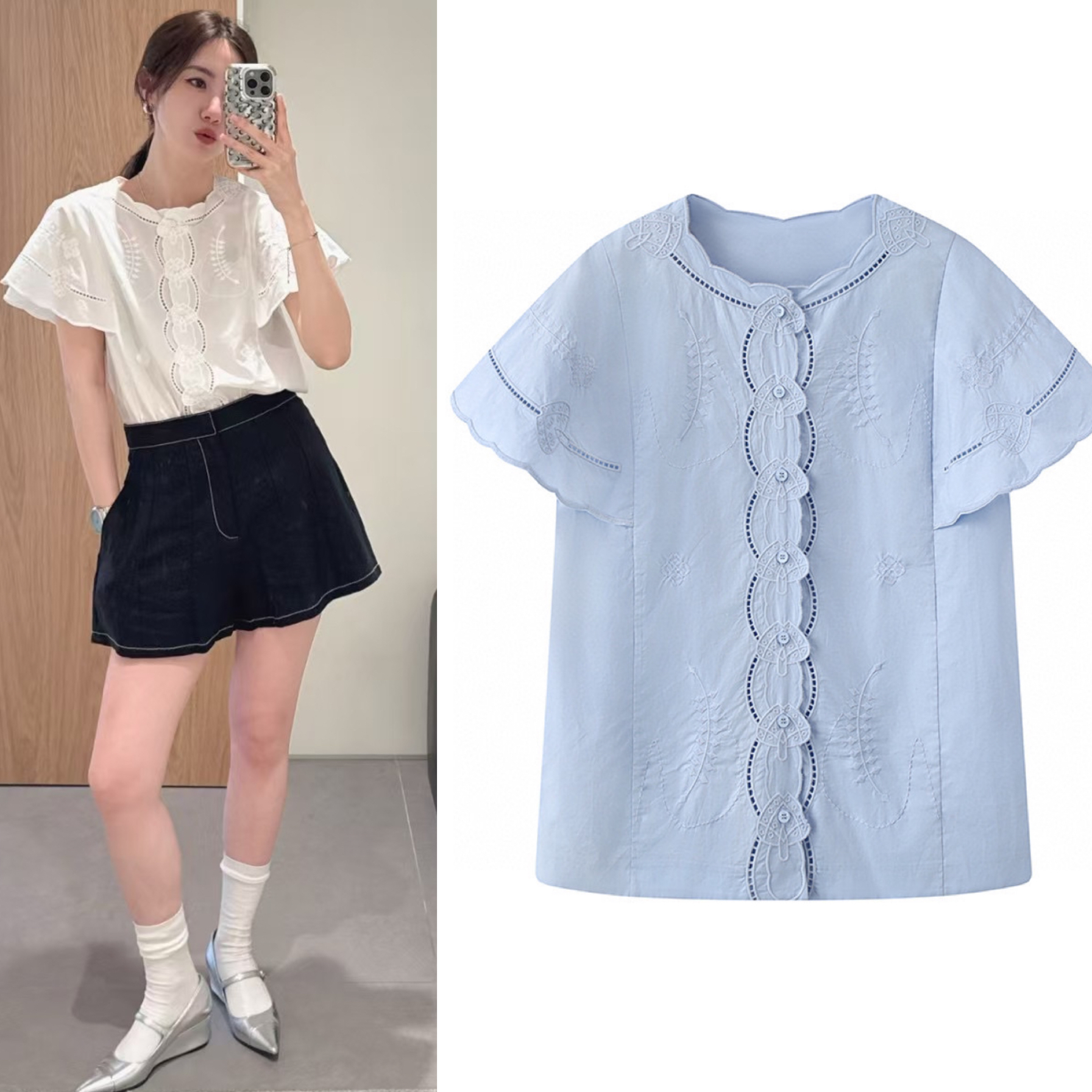 2025夏季新款法式复古重工镂空花朵刺绣衬衫荷叶边飞飞袖小上衣女