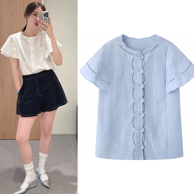 2025夏季新款法式复古重工镂空花朵刺绣衬衫荷叶边飞飞袖小上衣女
