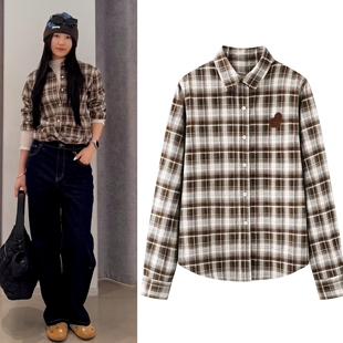 衬衫2026春季新款复古休闲格纹宽松磨毛感内搭格子衬衣上衣女
