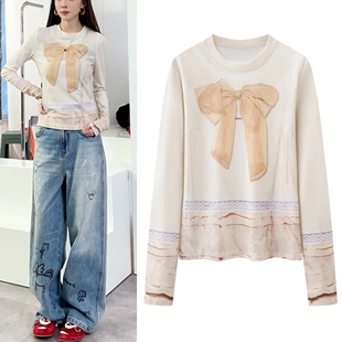 2026春夏新品蝴蝶结3D感印花圆领打底衫修身弹力长袖T恤