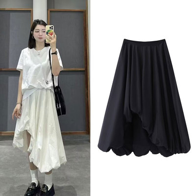 2025夏新品复古法式半身裙A型不规则中长款泡泡裙摆大摆半裙女