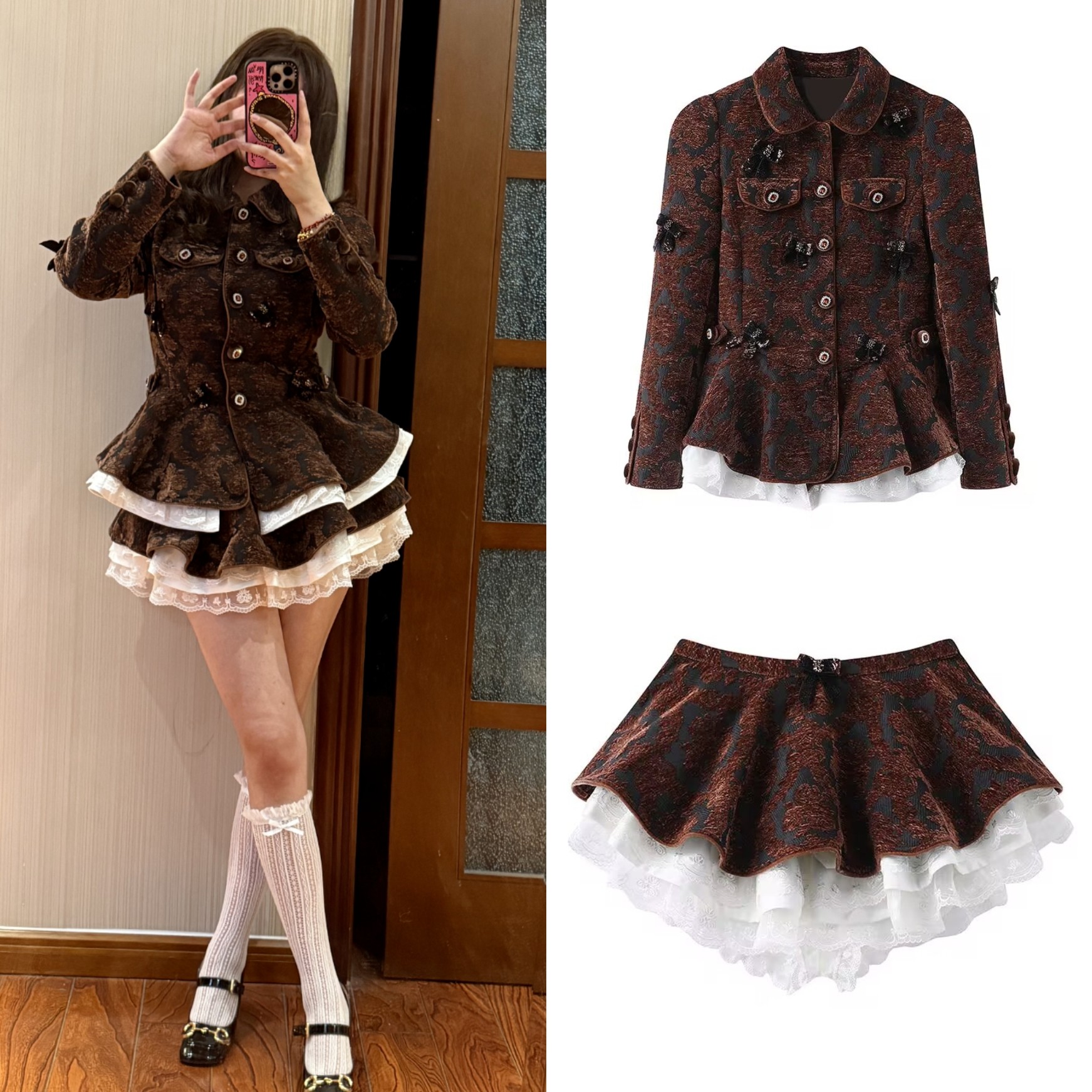 2026春季新品复古宫廷风玫瑰雪尼尔提花长外套蕾丝风伞裙半身裙,女装/女士精品,时尚套装,淘宝优惠券,粉丝福利购,淘宝优惠卷