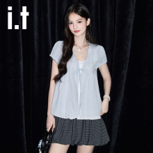 it:CHOCOOLATE 浅蓝色假两件条纹衬衫女撞色V领花边独特法式上衣
