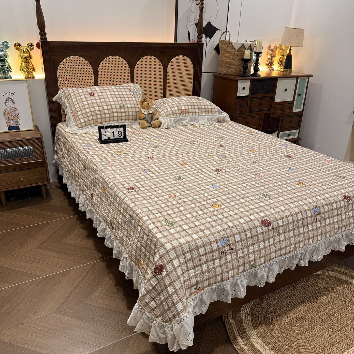 韩式博主风全棉床盖三件套法式花边款夹棉加厚防滑纯棉床单床罩,床上用品,床盖,淘宝优惠券,粉丝福利购,淘宝优惠卷