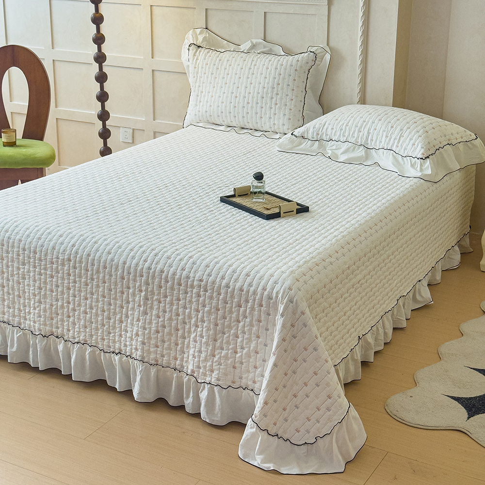 法式公主风全棉水洗棉床盖三件套韩系花边款绗缝加厚防滑床单被单