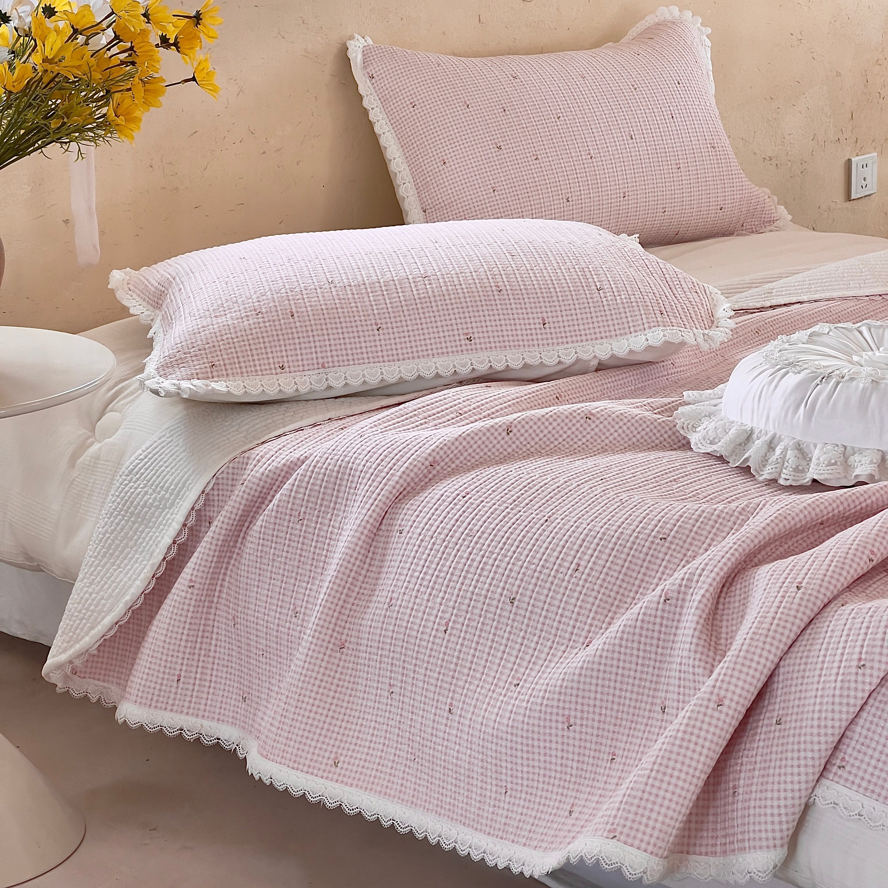 韩式小清新全棉高温砂洗床盖四季夹棉加厚防滑纯棉床单床罩花边款,床上用品,床盖,淘宝优惠券,粉丝福利购,淘宝优惠卷