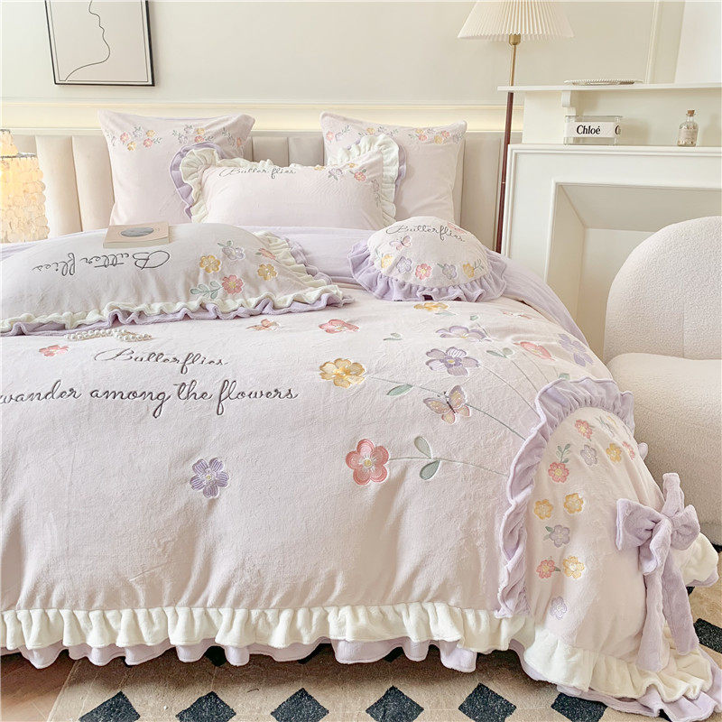 法式公主风冬天牛奶绒保暖床上四件套韩式花边双面珊瑚绒被套床单