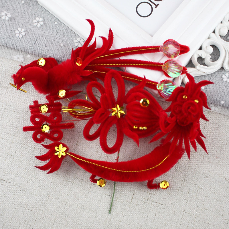 天津结婚新娘头戴龙凤花头饰婚礼红丝绒头喜花龙凤呈祥喜字花发饰