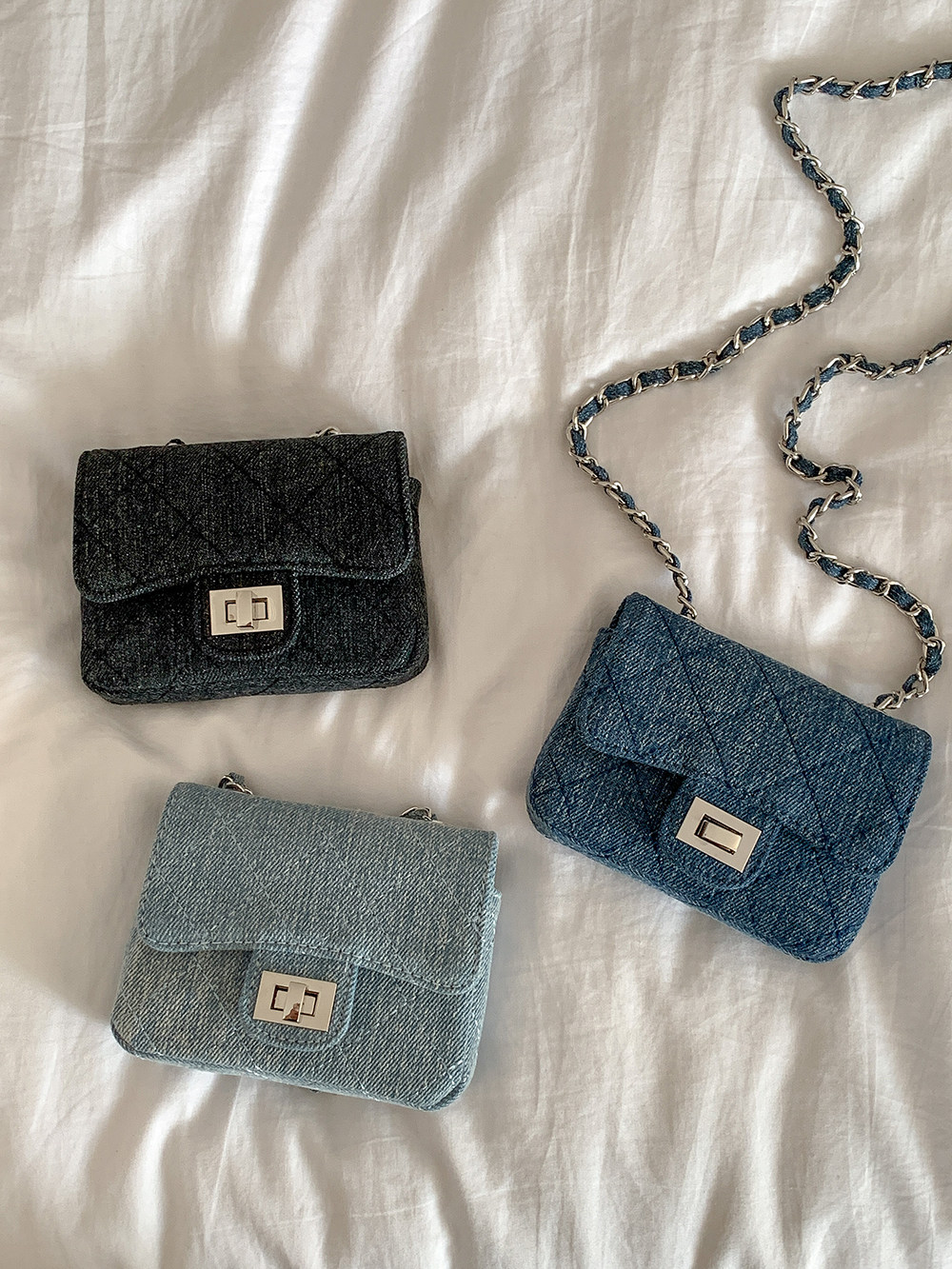 欧比 韩国洋气小香风牛仔布链条锁扣小方包迷你可爱单肩斜挎包潮
