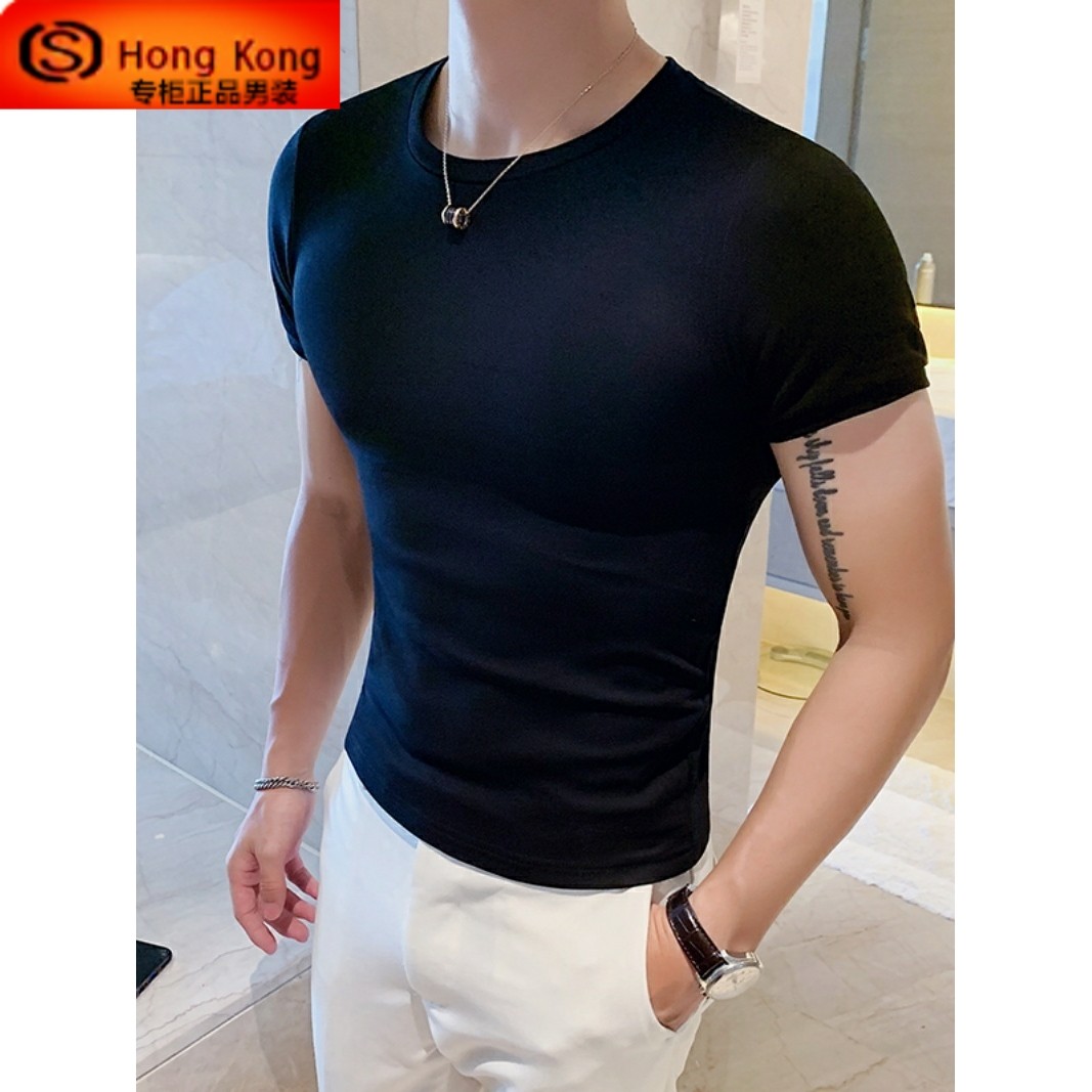 黑色短袖t恤男夏季紧身纯棉纯色高端韩版潮流圆领修身男士打底衫