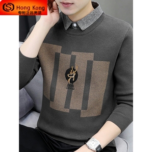 羊毛衫 假两件针织衫 领毛衣打底线衣男士 加绒加厚保暖衬衫 男秋冬季