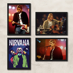 Nirvana乐队海报科特柯本装饰画 带相框家居酒吧琴行艺术照片墙画