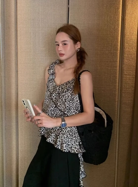 26早春美式复古辣妹豹纹性感露背吊带上衣气质通勤显瘦百搭C8517