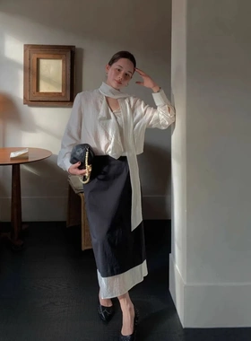 26早春法式温柔绝美上衣双层拼色半裙时尚套装气质通勤显瘦C8615