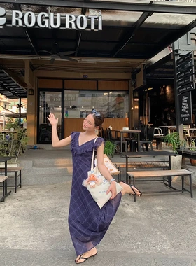 26夏季新款法式复古格子荷叶边长裙正反双面两穿显瘦连衣裙C8710