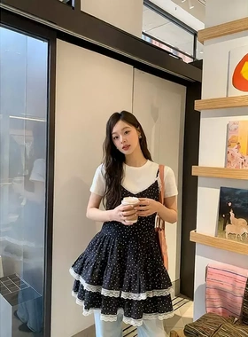 26夏波点吊带裙芭蕾风蕾丝高腰连衣裙女气质通勤百搭显瘦S5052