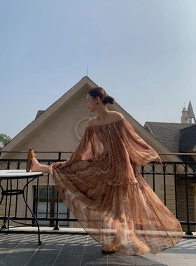 26春复古度假风垂坠飘逸裙子褶皱人丝印花气质半身裙C8551