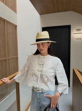 26夏中式国风盘扣七分袖衬衣宽松蕾丝镂空刺绣拼接衬衫女C8760