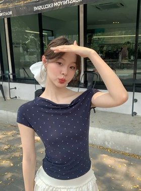 26夏法式短袖T恤修身显瘦斜领露肩上衣女气质通勤百搭显瘦S5187