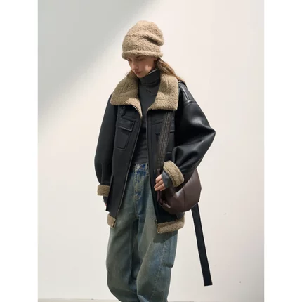 冬季新款设计感立领贴袋收腰中长款毛绒夹克外套C4491