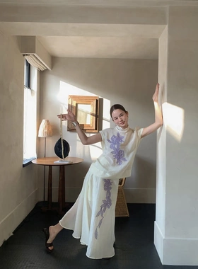 早春新中式气质国风绣花无袖时尚裙子套装透气短袖两件套C8618