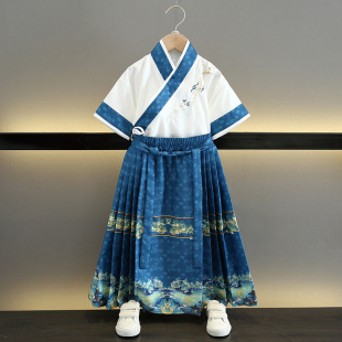 儿童马面裙两件套装夏短袖古风汉服男孩帅气古装女孩分体百褶裙装