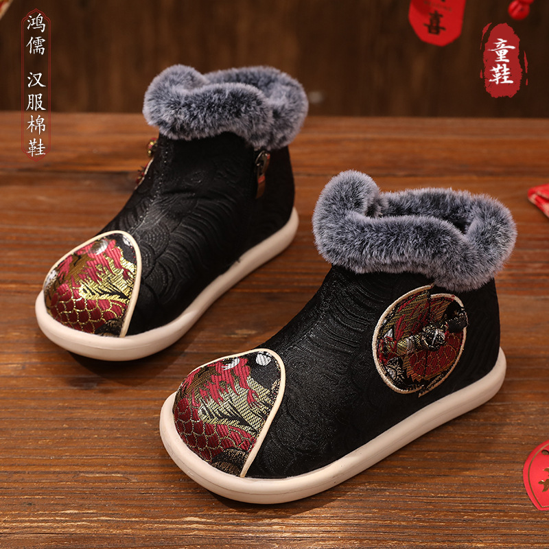 古装靴国风短靴拜年鞋男童靴子汉秋冬绣花靴古风童靴中国风棉鞋