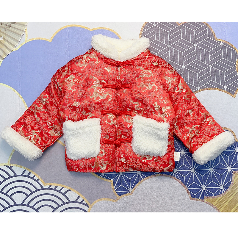 215【清仓】男童冬款2025拜年新年儿童加绒上衣宝宝元旦红色衣服