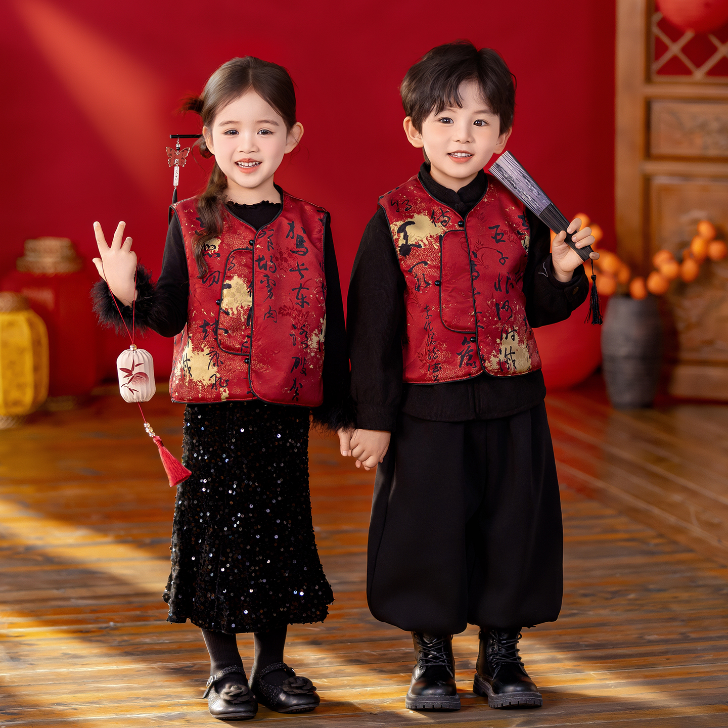 男童拜年服套装冬季儿童元旦表演服女童汉服新中式姐弟兄妹装中式