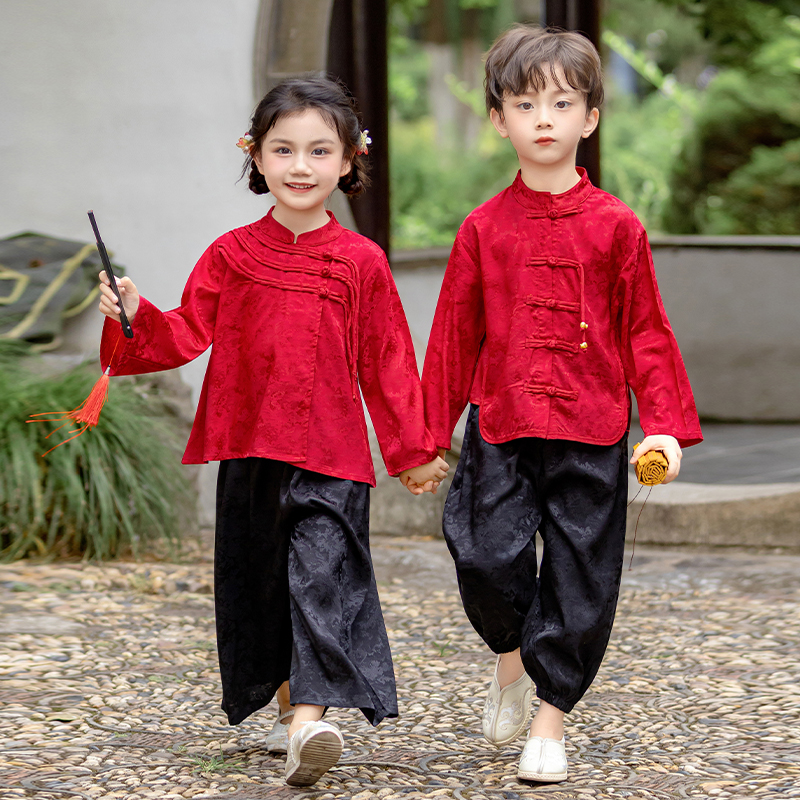 儿童秋季汉服红色中式喜庆套装唐装中秋礼服男女童国风国风演出服