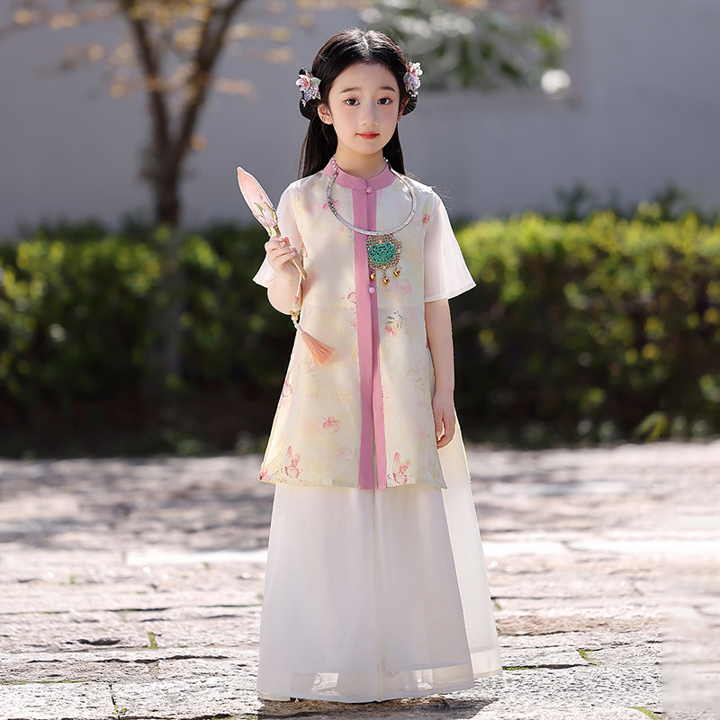 63女童汉服浮云锦高货汉服明制贵气短袖清凉夏装古装表演服长衫裤