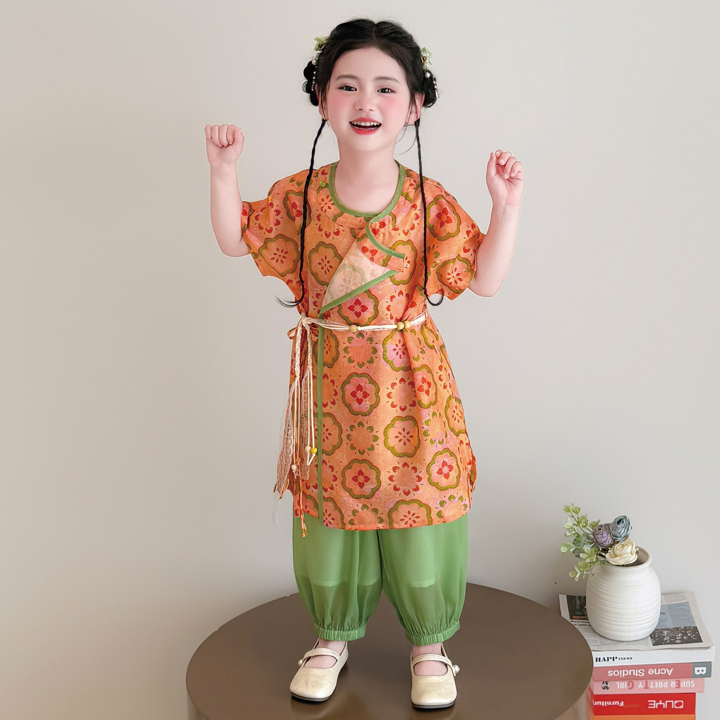儿童汉服唐风轻薄夏装男女童圆领袍子分体日常古风表演服国学裤装