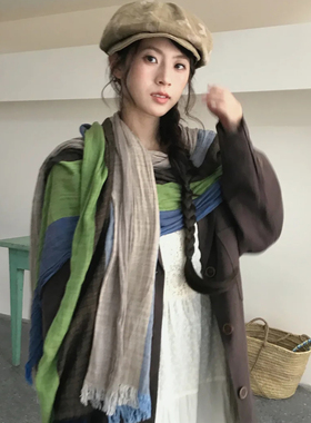小众设计波嬉风撞色条纹棉麻围巾女秋冬百搭流苏披肩保暖褶皱围脖